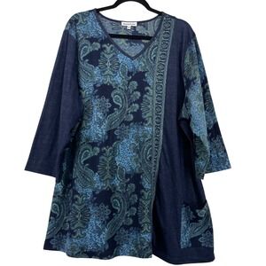 NorthStyle Womens 2X Tunic Top Blue Paisley 3/4 Sleeve V-Neck Pocket RN106740